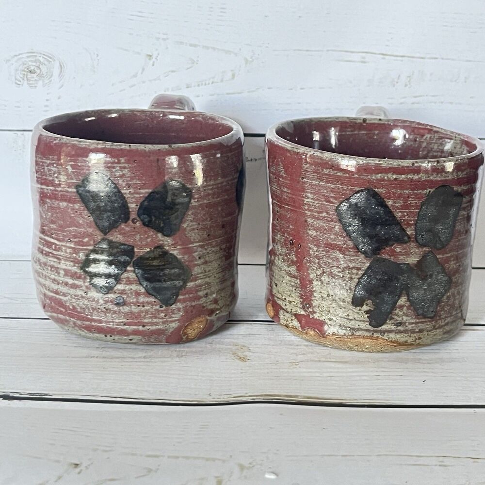 Hand Thrown Original Stoneware Ceramic Red Green Black 8oz Coffee Mugs Set Of 2